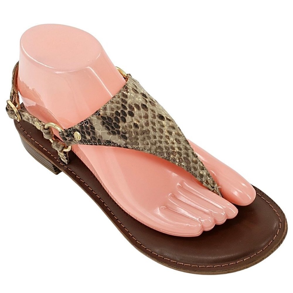 KELLY & KATIE Bania Tan Faux Snakeskin Stacked Heel Thong Sandals 8M